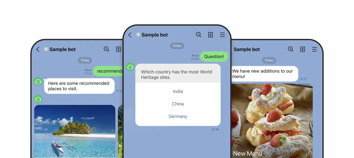 Messaging APIで送れるメッセージの種類の例（テキスト・選択肢・画像つきメッセージ）