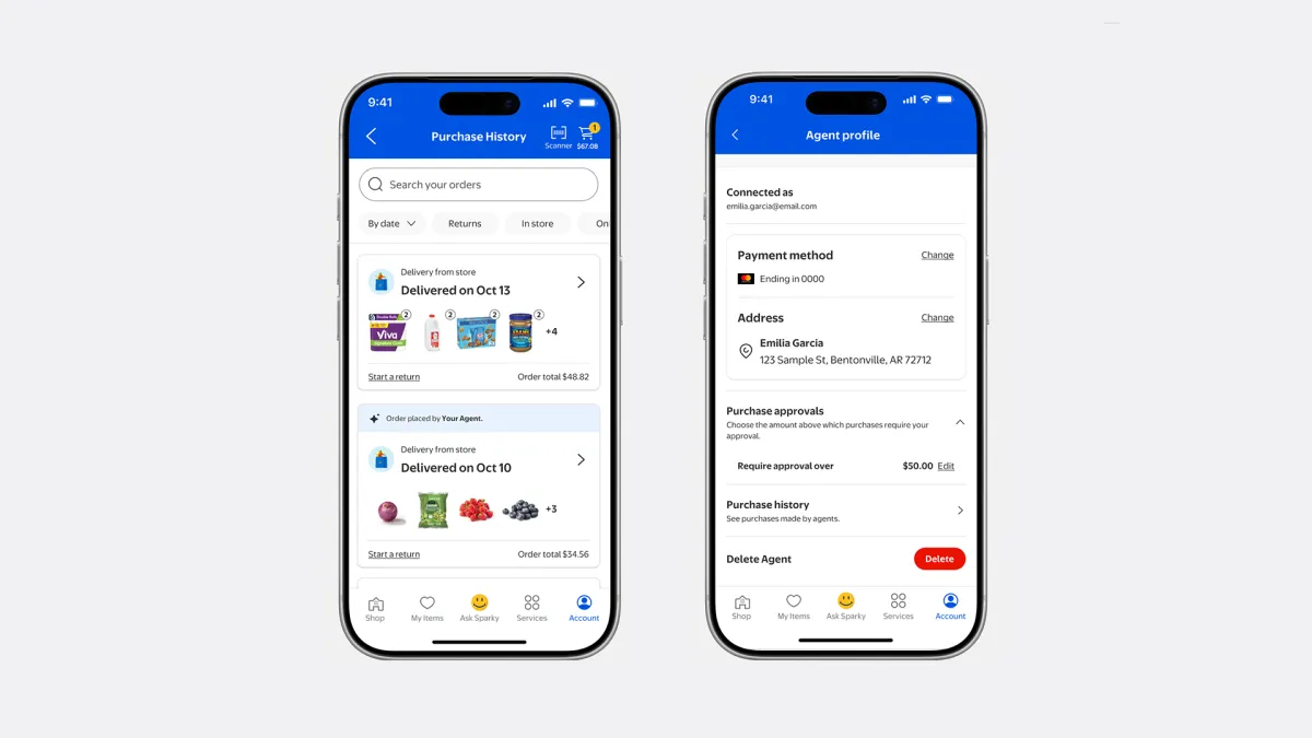 Walmartアプリの購入履歴とAgent Profile画面（承認が必要な金額の設定や接続中エージェントの削除）