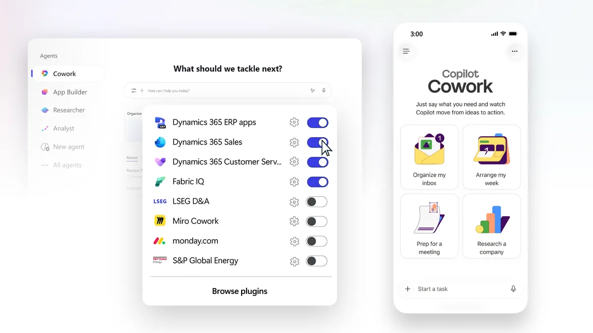 Copilot Cowork のサードパーティ連携とモバイル対応を示す Microsoft 公式ビジュアル