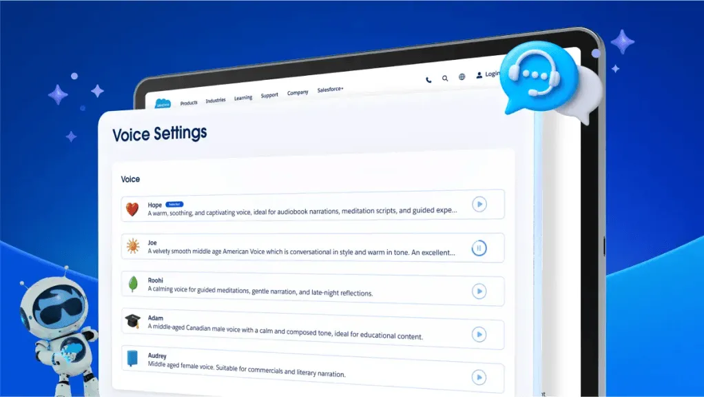 Salesforce Agentforce Voiceの音声設定画面