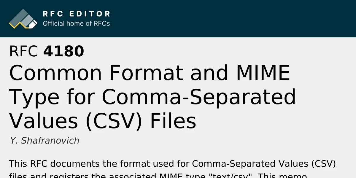 CSVの共通形式を記録した技術文書RFC 4180のタイトル画像