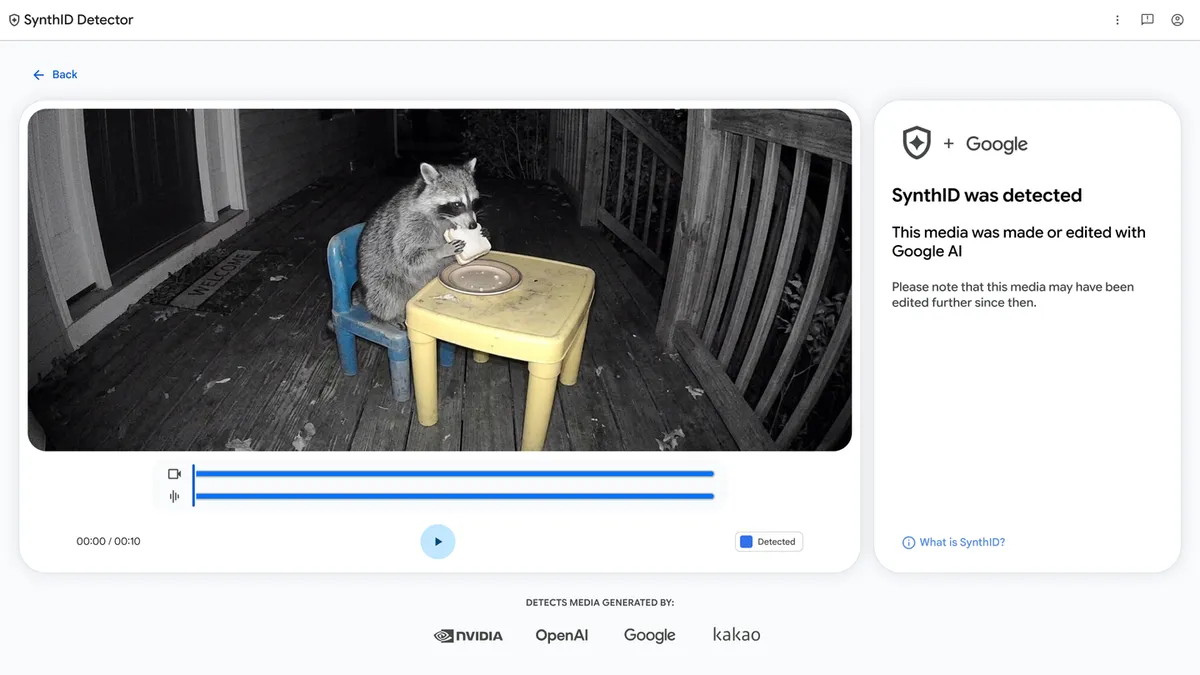 SynthID Detectorで動画を判定し「SynthID was detected」と表示された画面。下部にNVIDIA・OpenAI・Google・Kakaoのロゴ