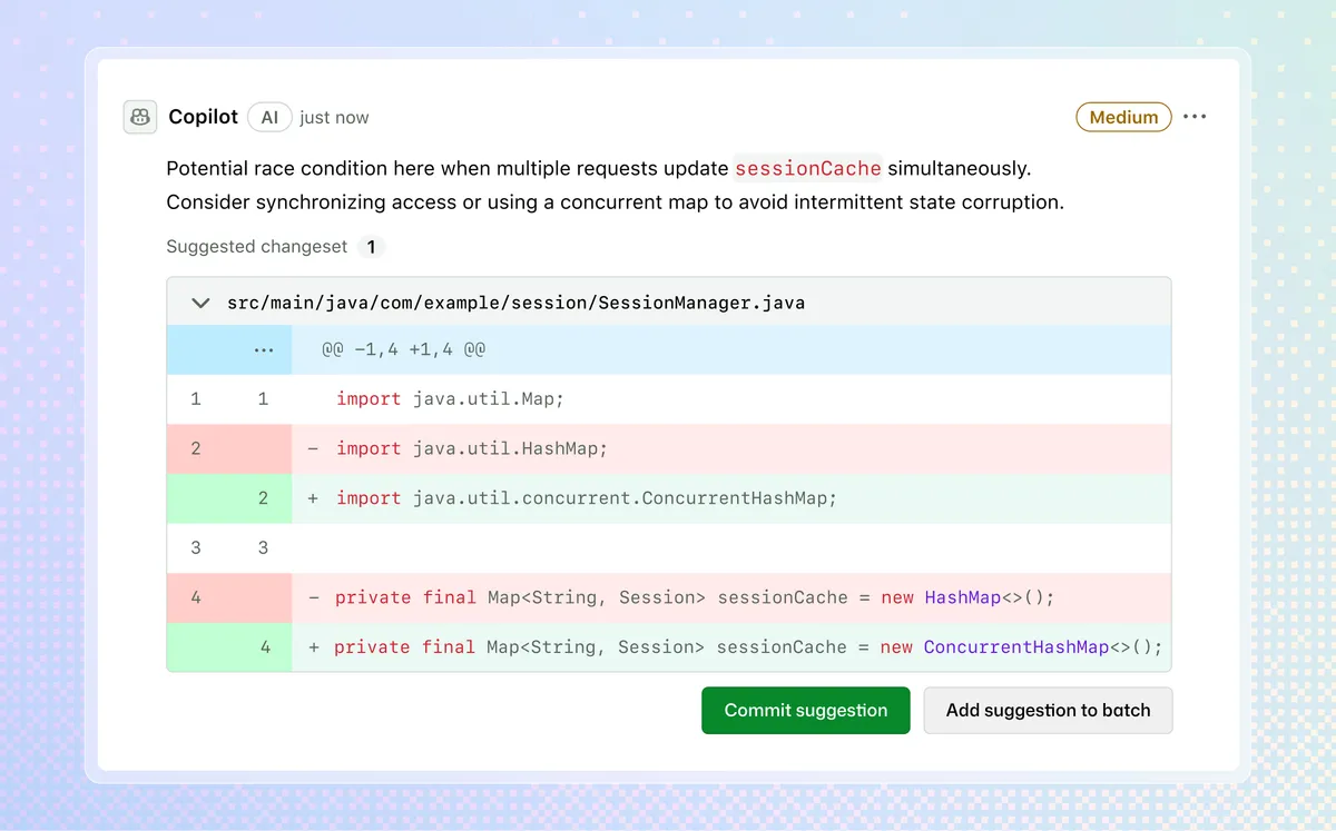 GitHub Copilot Mediumティアコードレビューの実行例（レースコンディション検出）