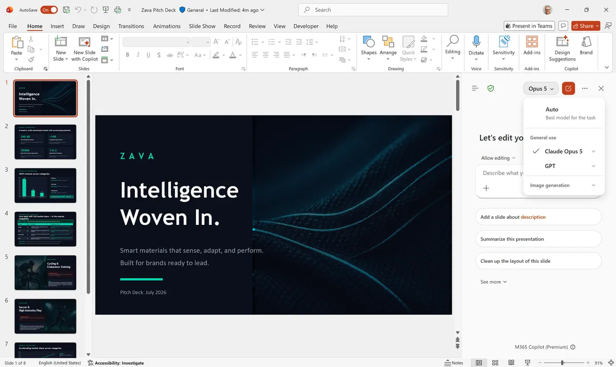 Microsoft 365 CopilotのモデルピッカーでClaude Opus 5が選択されている画面