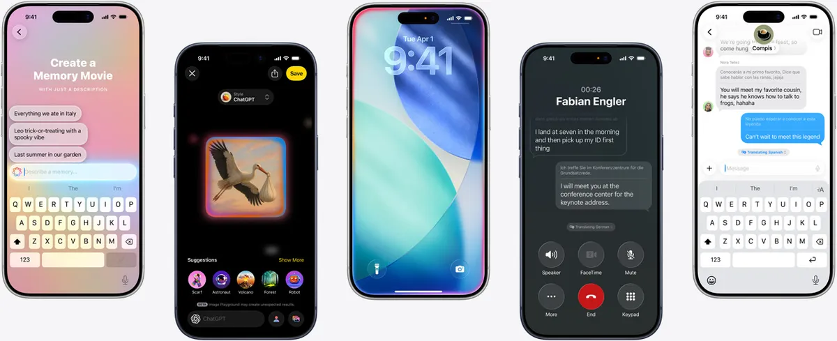 Apple Intelligence iOS 27対応機能 - メモリムービー・Image Playground・翻訳機能を表示する5台のiPhone