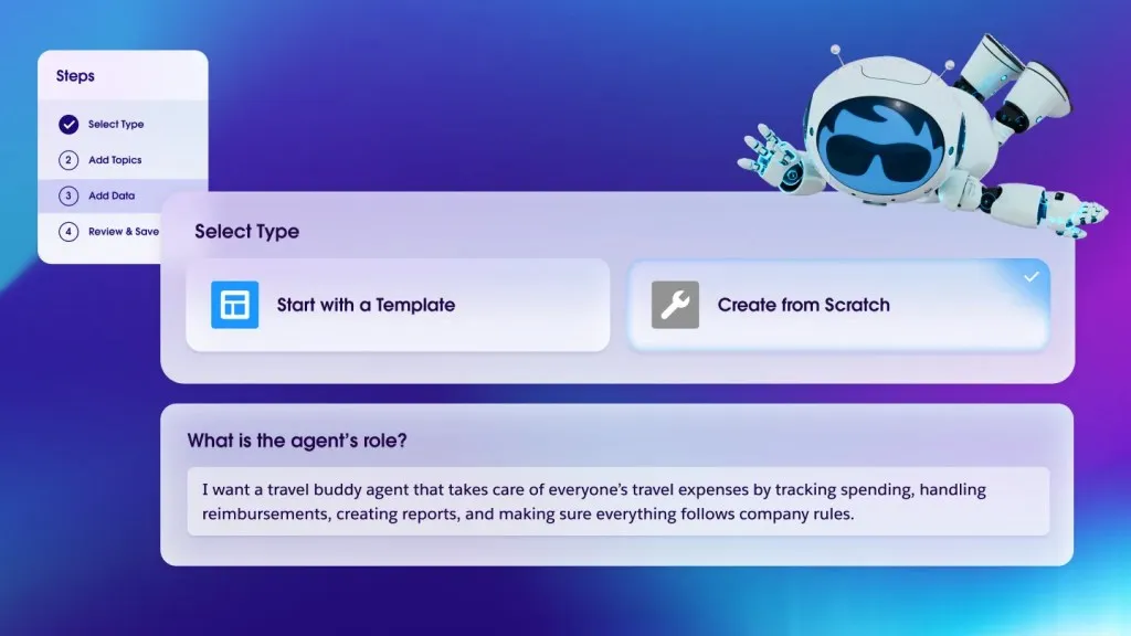 Salesforce Agentforceのエージェント作成画面。エージェントの種類を選んで役割を設定する