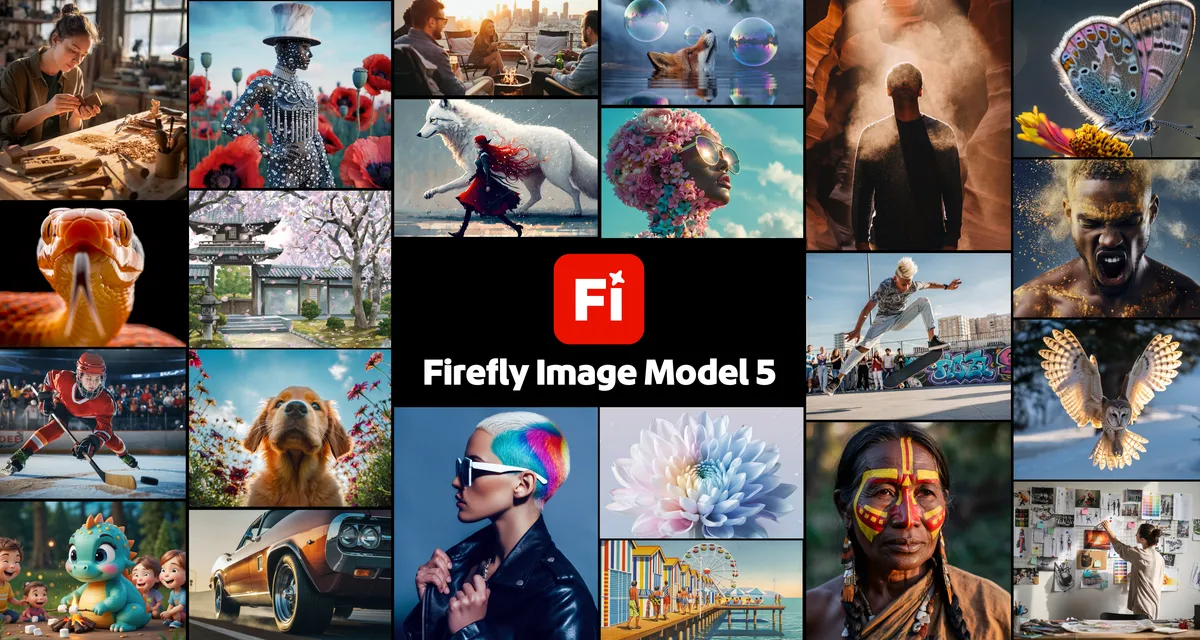 Adobe Firefly Image Model 5の新機能を示す生成画像コラージュ