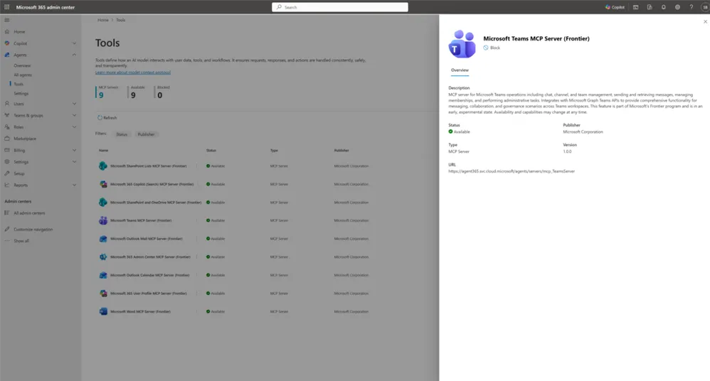 Microsoft Agent 365 MCP（Model Context Protocol）サーバー管理画面