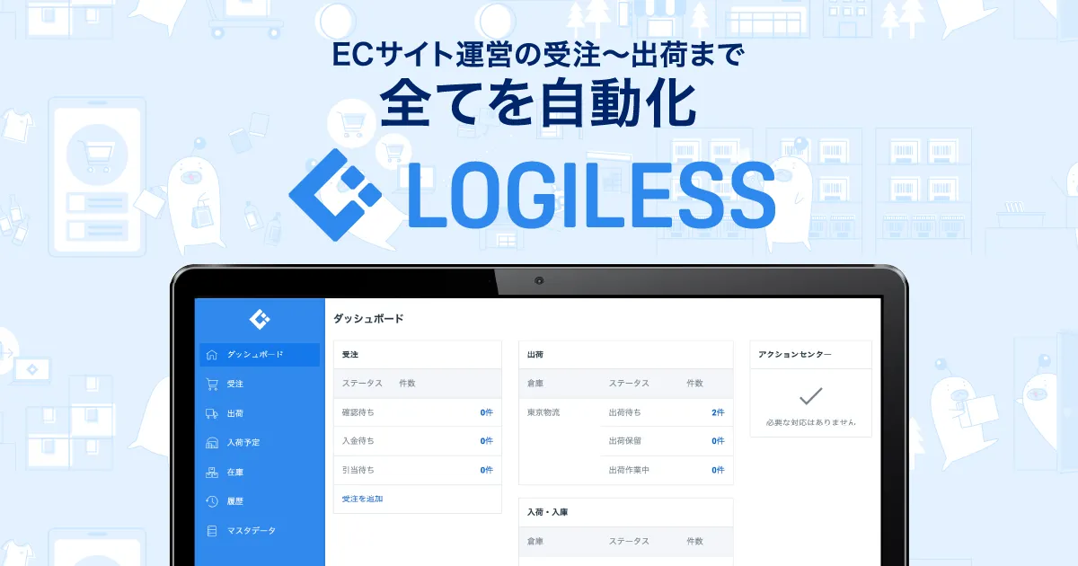 LOGILESSの管理画面イメージ。受注から出荷までのステータスと件数が一覧表示されている