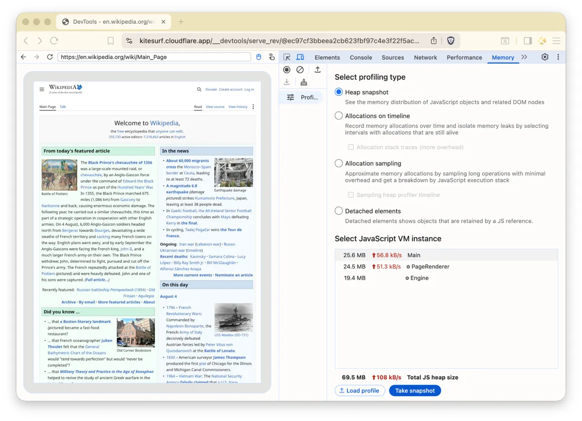 Chrome DevToolsでKitesurfのメモリ使用量（Main・PageRenderer・Engine）を計測した画面