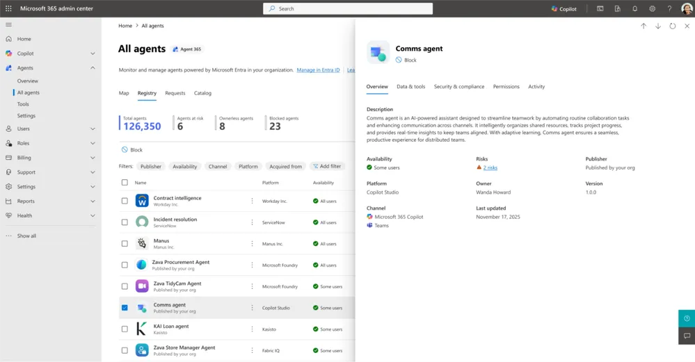 Microsoft Agent 365 エージェントレジストリの管理画面