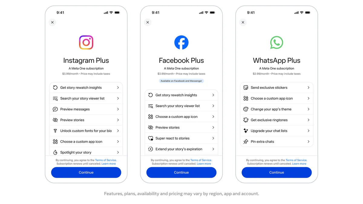 Instagram Plus・Facebook Plus・WhatsApp Plusの加入画面（米国版・ドル表示）