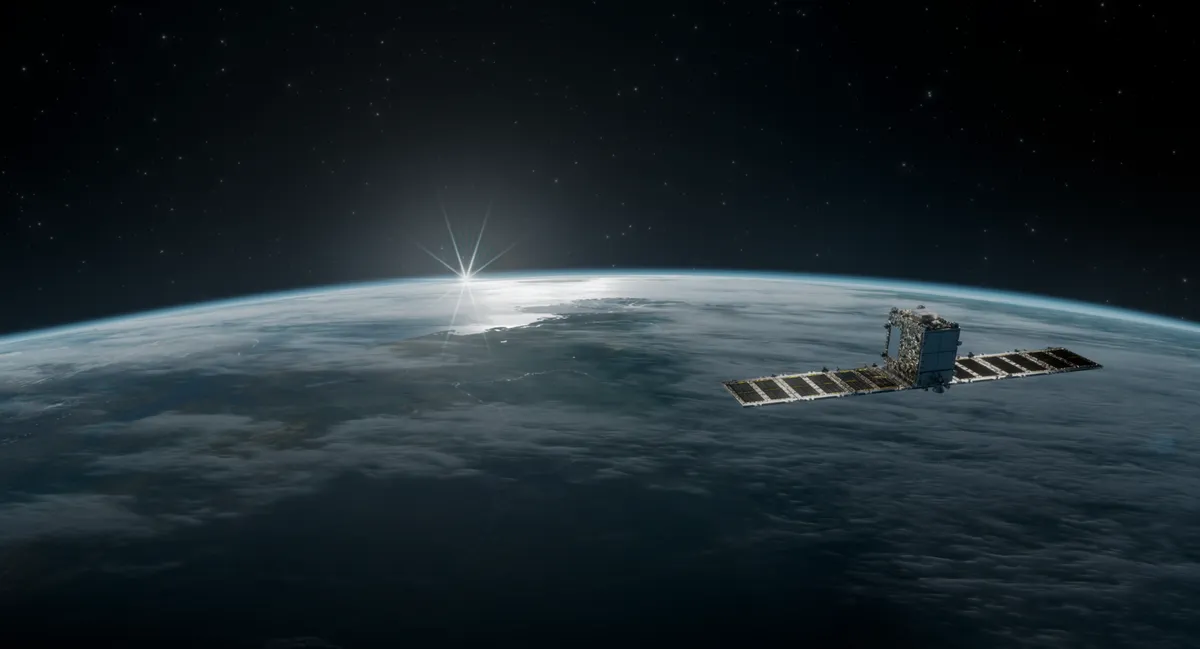 地球観測衛星が宇宙から地表を撮影するイメージ(衛星画像解析)