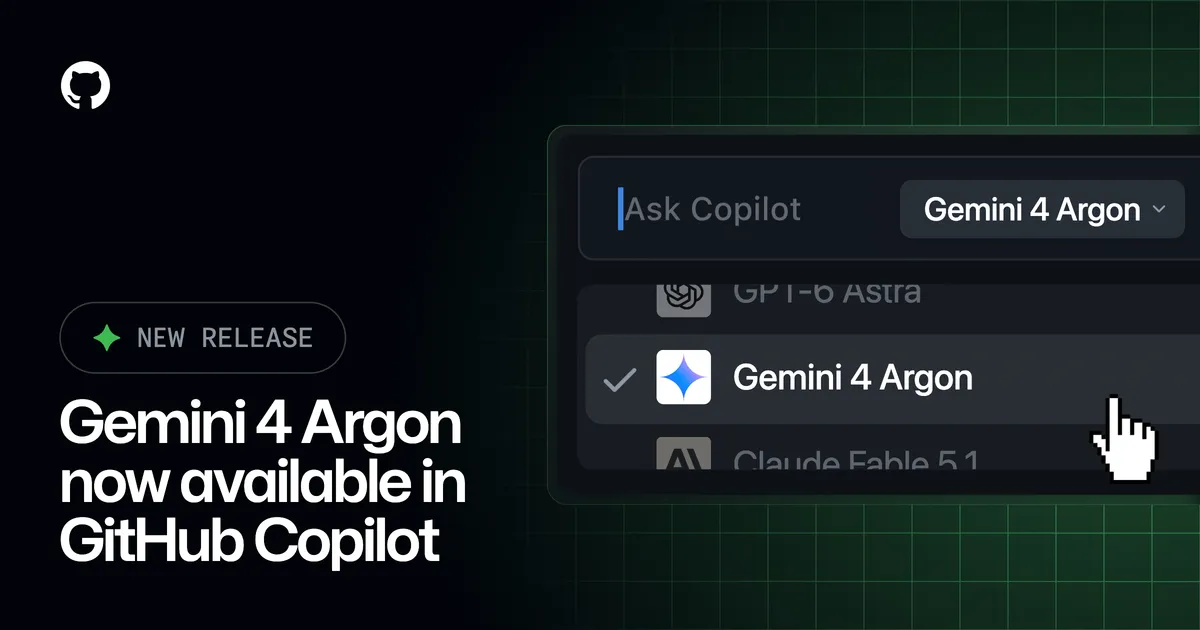 GitHub Copilotのモデル選択でGemini 4 Argonを選ぶ画面