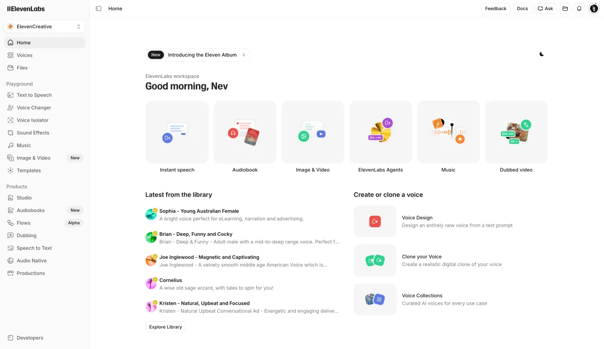 ElevenLabsのCreativeプラットフォーム画面