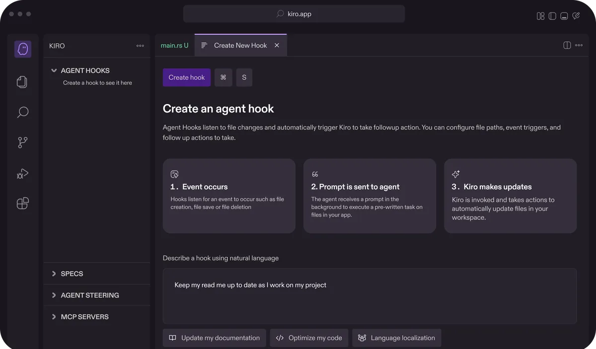 KiroのAgent Hooks機能 — イベント駆動型の自動化画面