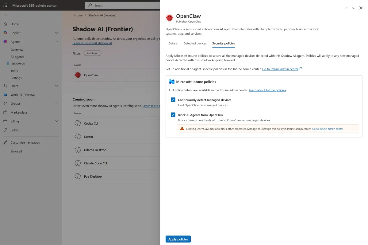 Microsoft 365管理センターで端末上のコーディングエージェント（シャドウAI）をIntuneポリシーでブロックする画面