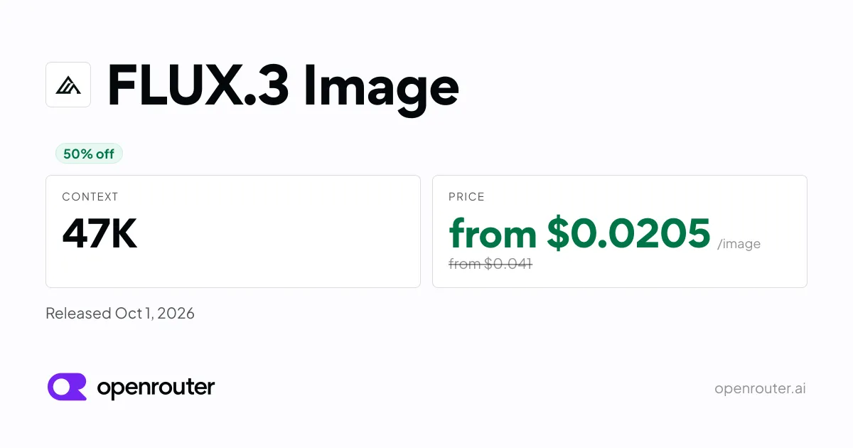 OpenRouterに掲載されたFLUX 3 Imageの料金（発売記念50%オフ表示）