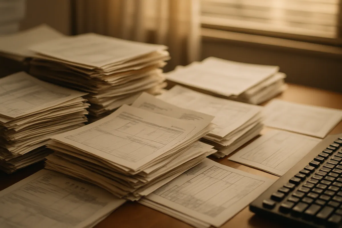 机に積み上がった注文書や請求書などの紙帳票を手入力で処理するイメージ