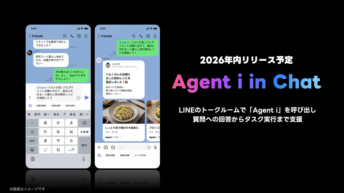 LINEのトークルームでAgent iを呼び出す新機能「Agent i in Chat」（2026年内提供予定）の公式イメージ