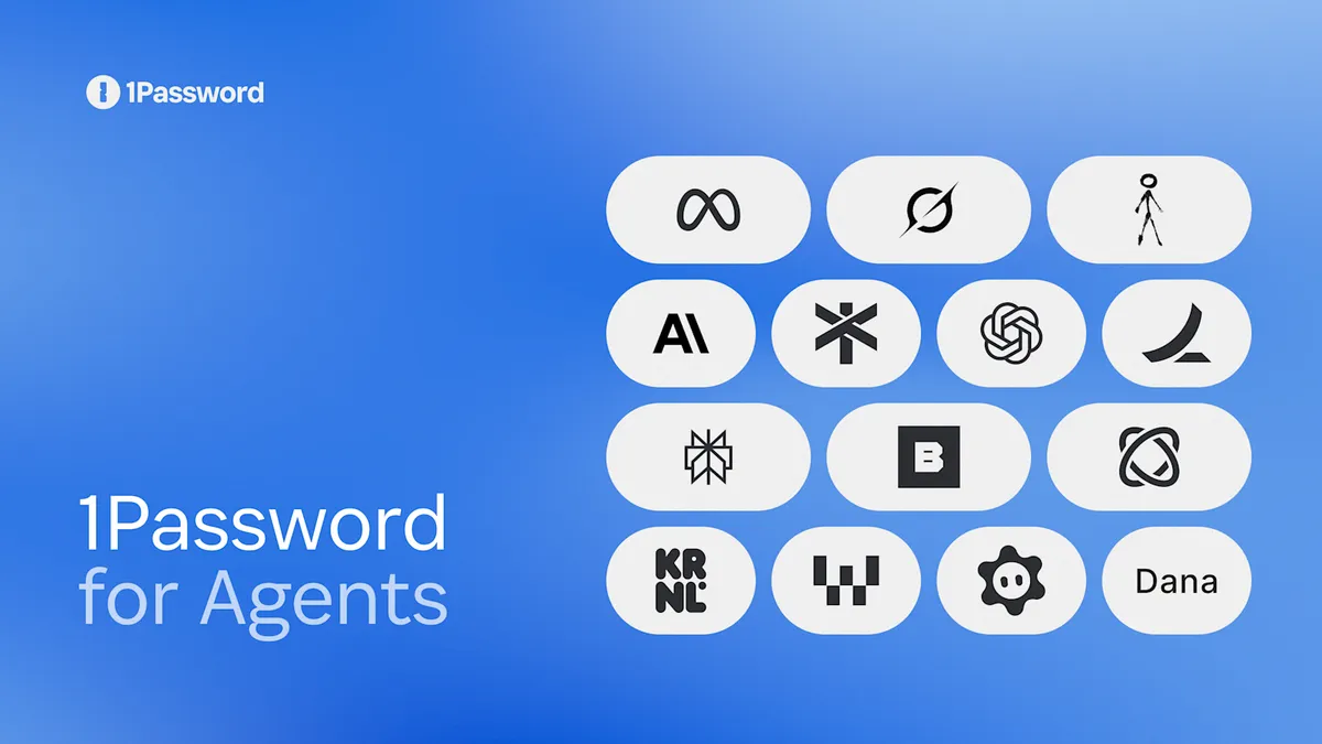 1Password for Agentsの公式バナー。1Passwordのロゴと連携するAIエージェント各社のロゴが並ぶ