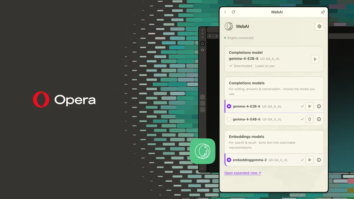 Opera WebAIの設定パネル。Gemma 4のモデルをダウンロードして使う画面
