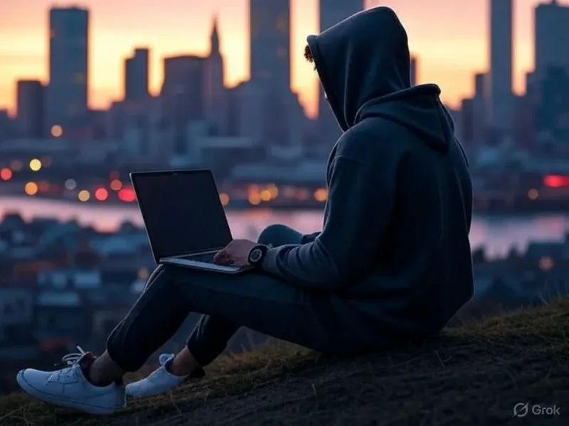 GrokのAuroraで生成された画像例（夕暮れにラップトップを使う男性）