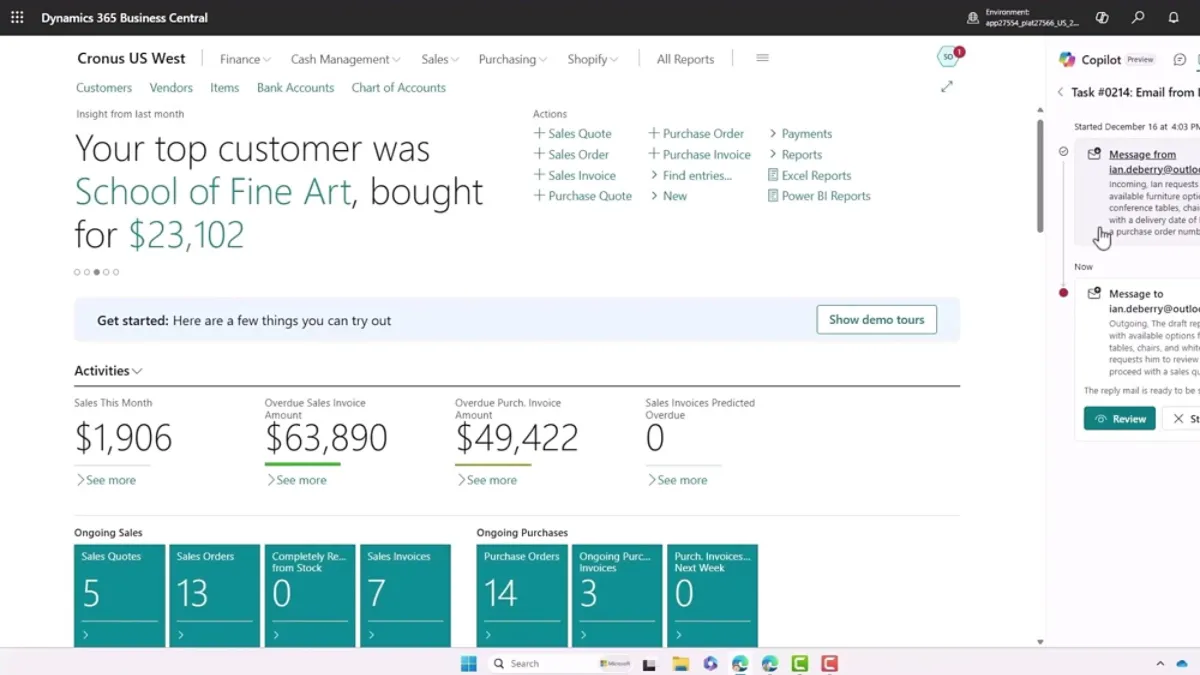パッケージ型の基幹システムの例、Microsoft Dynamics 365 Business Centralの管理画面