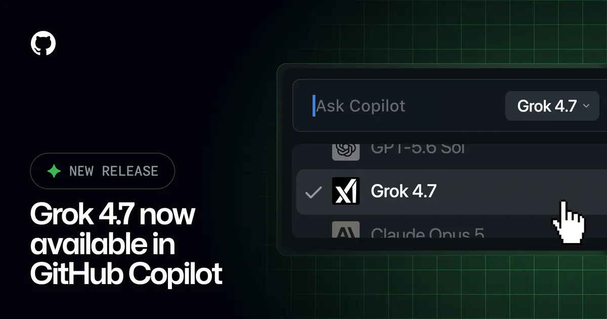 GitHub CopilotのモデルピッカーでGrok 4.7を選択する画面イメージ
