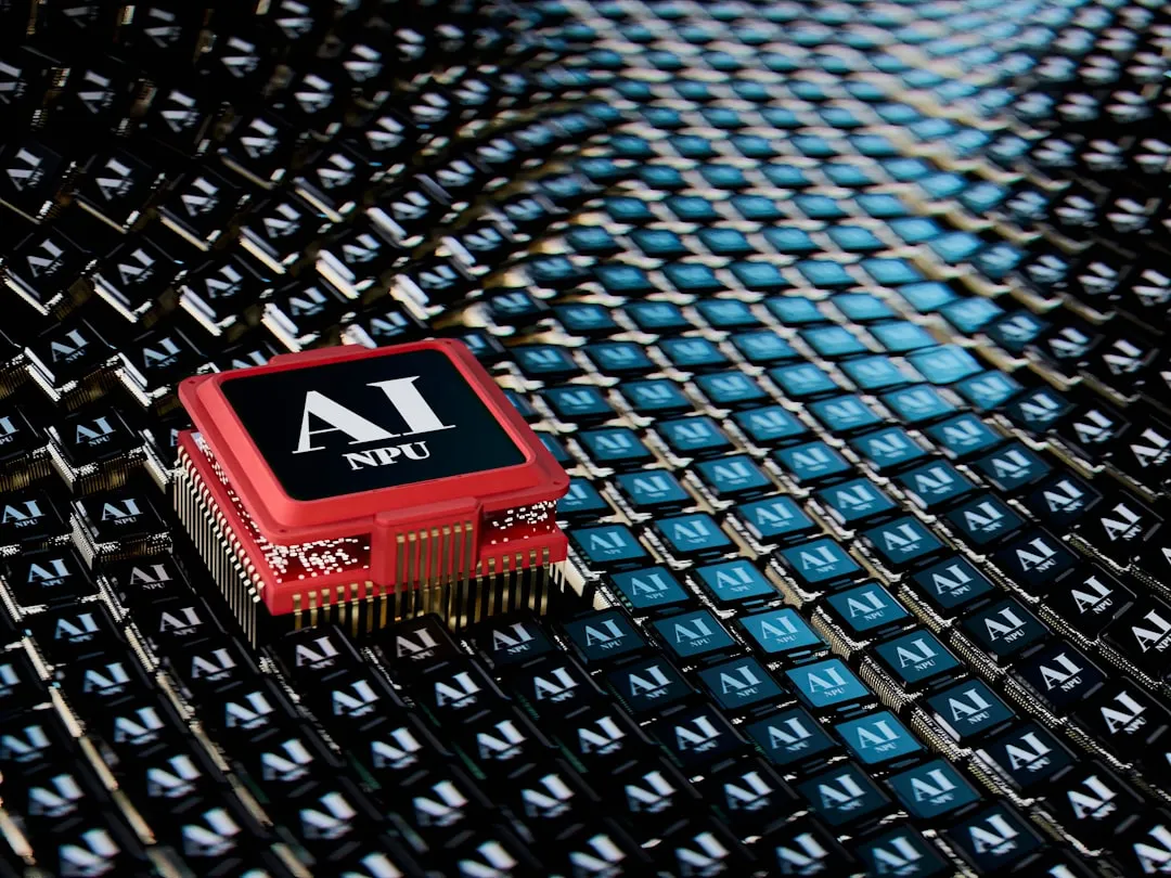 AI NPUチップとAIモデル規制審査のイメージ」