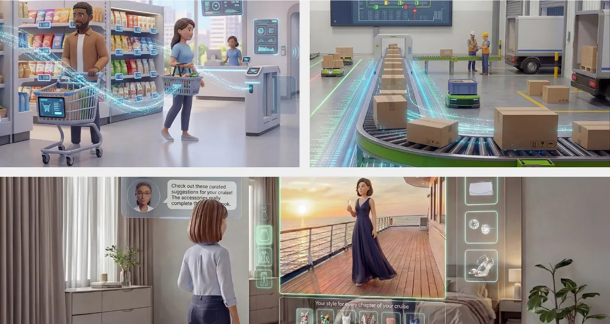 AIを活用した店舗・物流倉庫・パーソナライズ接客のイメージ（NVIDIA 小売・消費財AI調査2026）