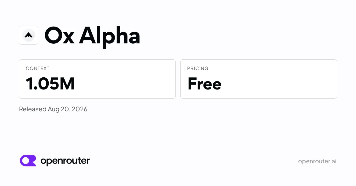 OpenRouterのOx Alphaモデルページ。コンテキスト1.05M・料金Free・2026年8月20日リリースと表示されている