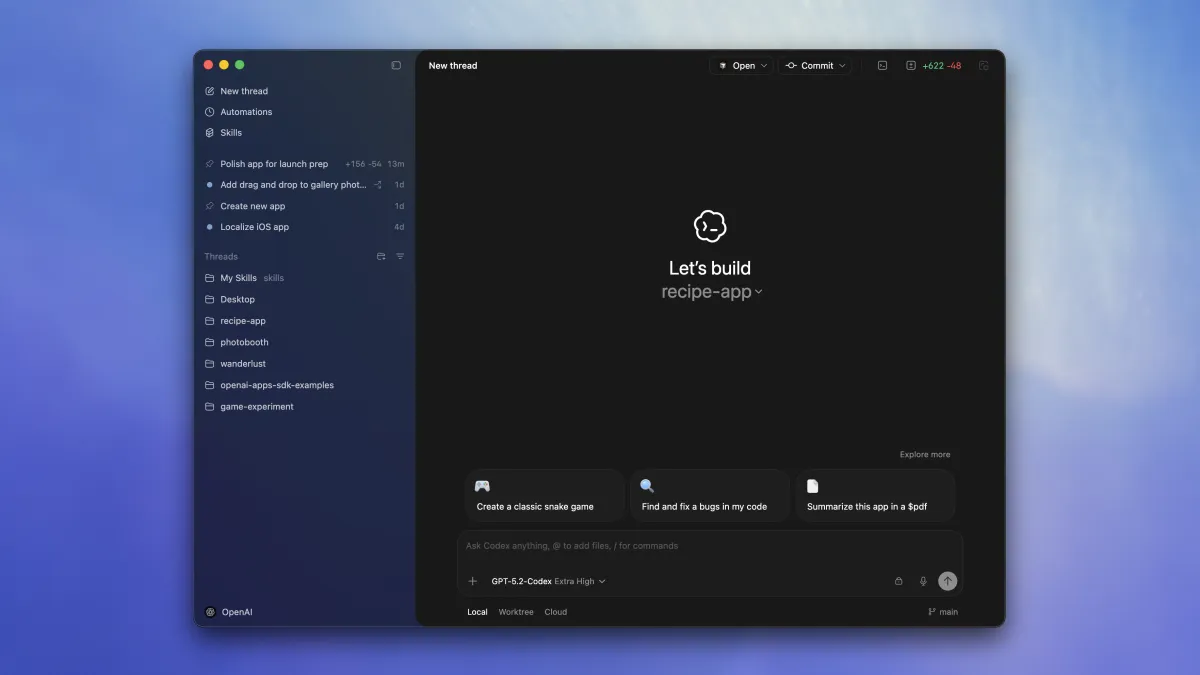 OpenAI Codex Webアプリのインターフェース。プロジェクトサイドバーとスレッドリストが表示されたダークテーマの画面