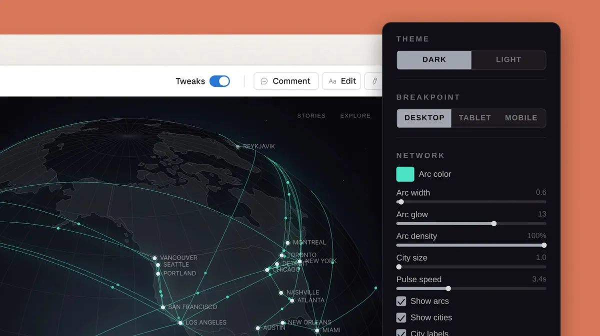 Claude Design 公式スクリーンショット — チャットとキャンバスの2ペイン構成