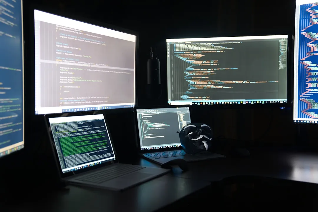 複数のモニターに大量のコードが表示された開発環境。MDASHが大規模コードベースを継続的にスキャンする様子のイメージ
