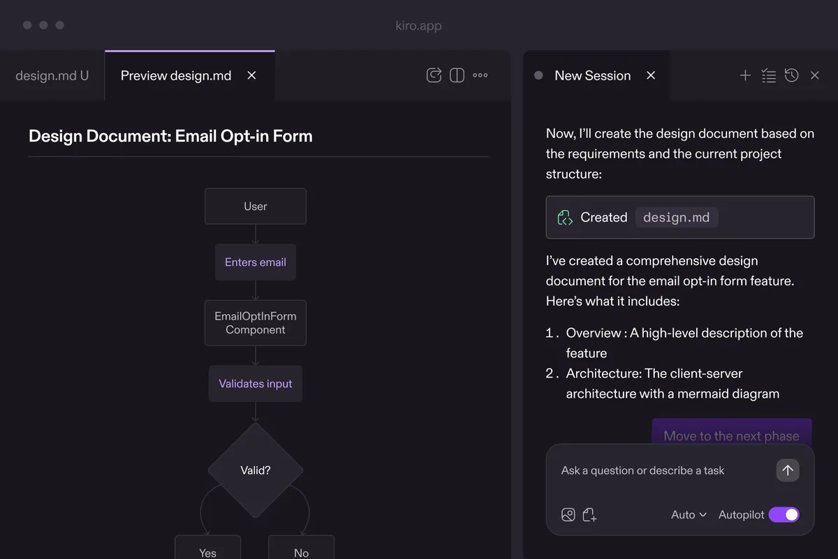 Kiroの仕様駆動開発 — 技術設計（Design）画面のスクリーンショット