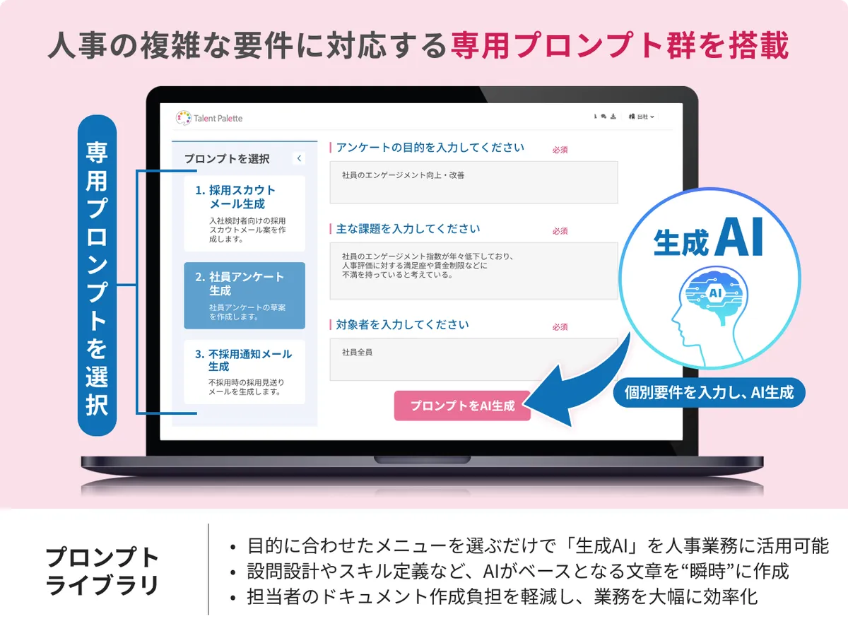 タレントパレットのAI機能画面 — プロンプトライブラリで評価・目標設定を支援