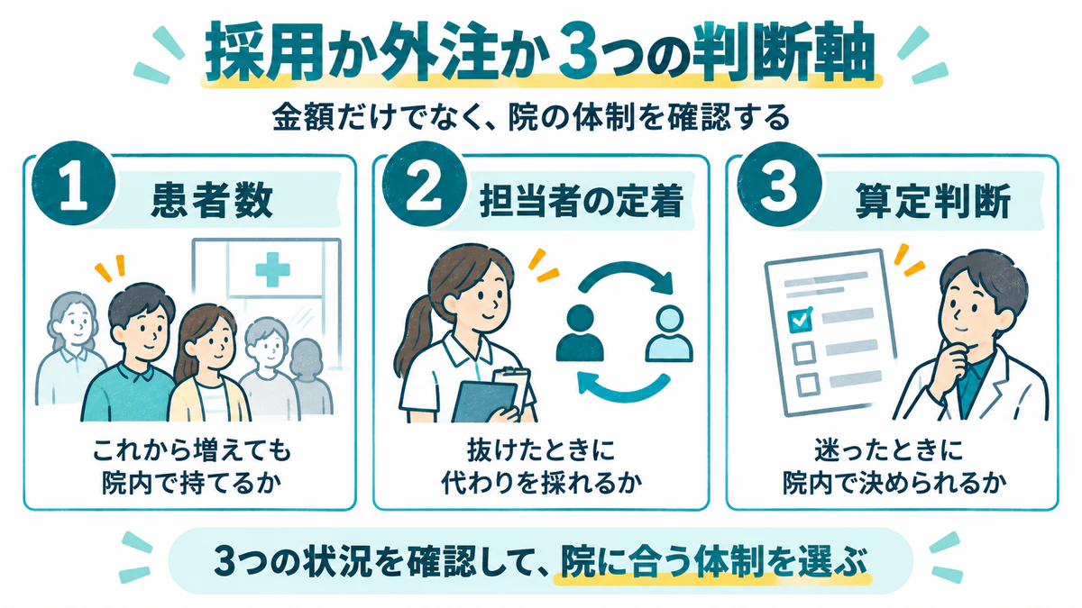 採用か外注かを考える3つの判断軸(患者数、担当者の定着、算定判断)