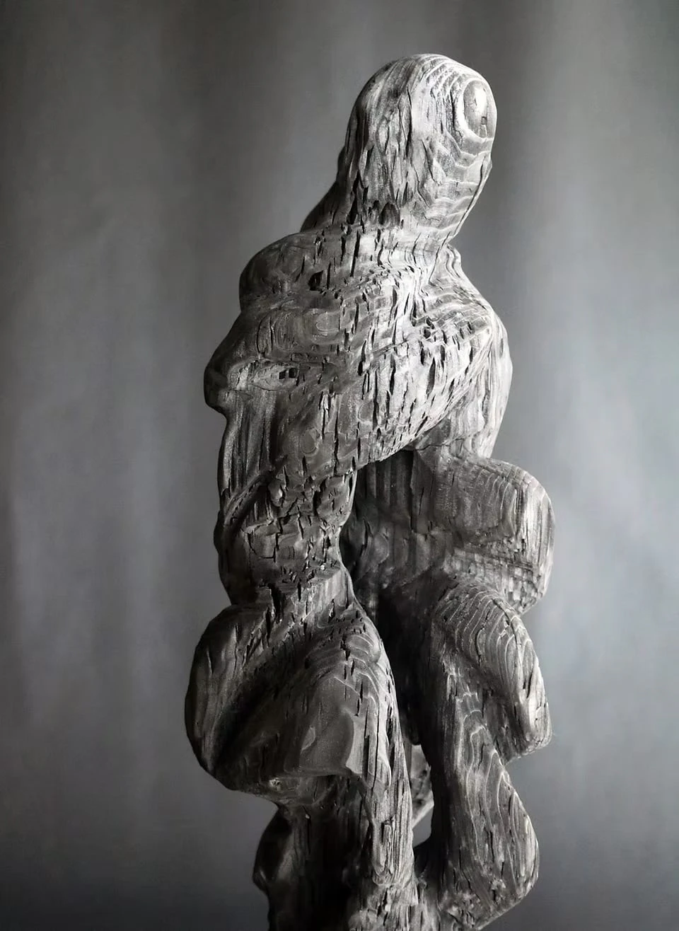 Close-up of a flowing charcoal sculpture with growth rings visible on its surface