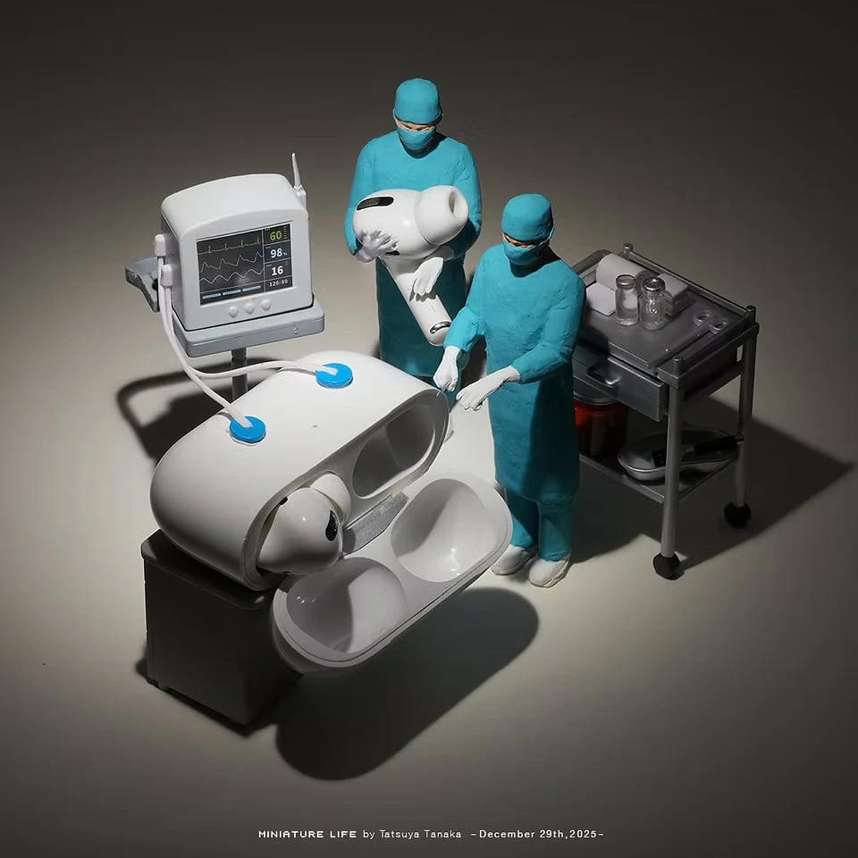 An open wireless-earbud case as an operating table, attended by figures in surgical scrubs; one cradles an earbud like a newborn