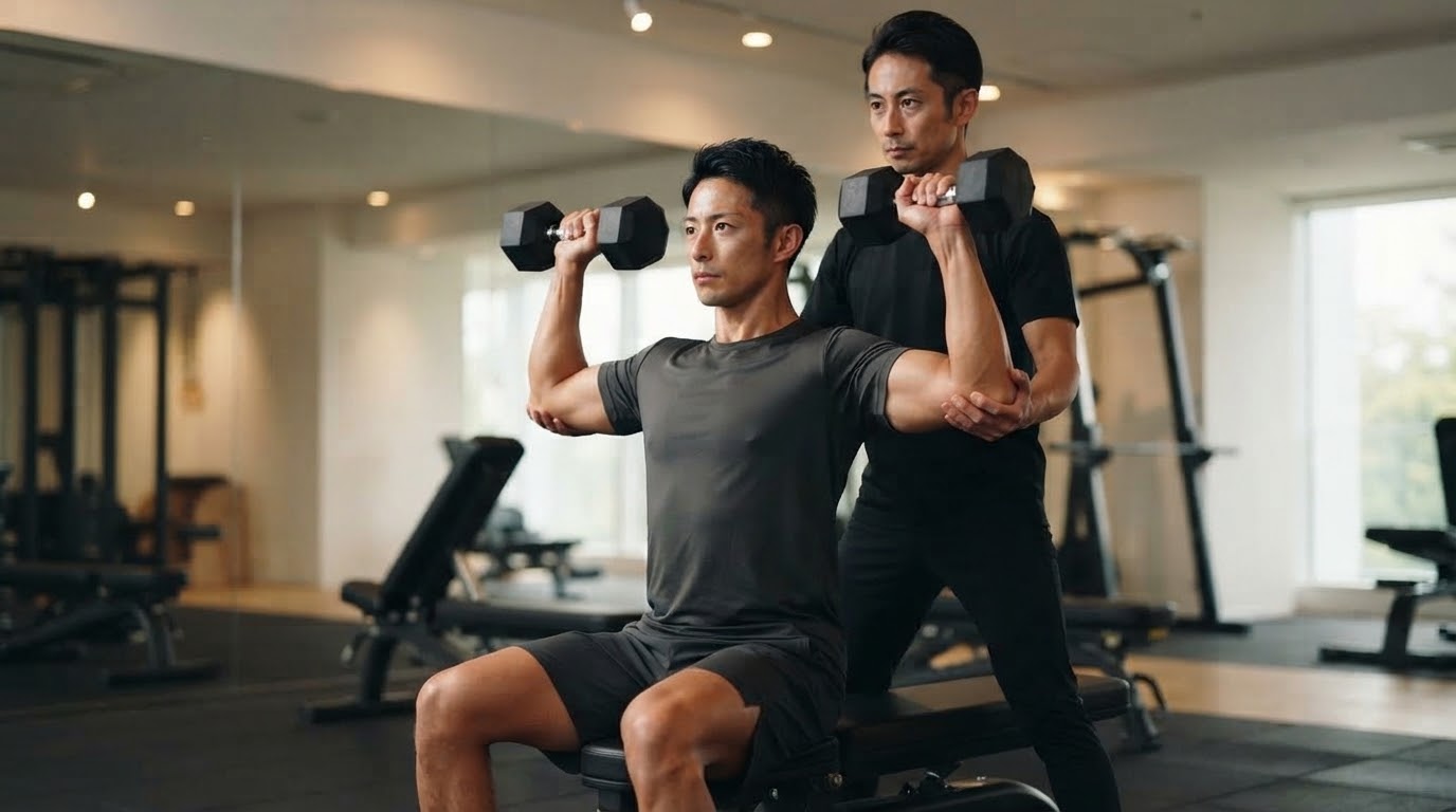 パーソナルジムでトレーナーの指導を受ける男性