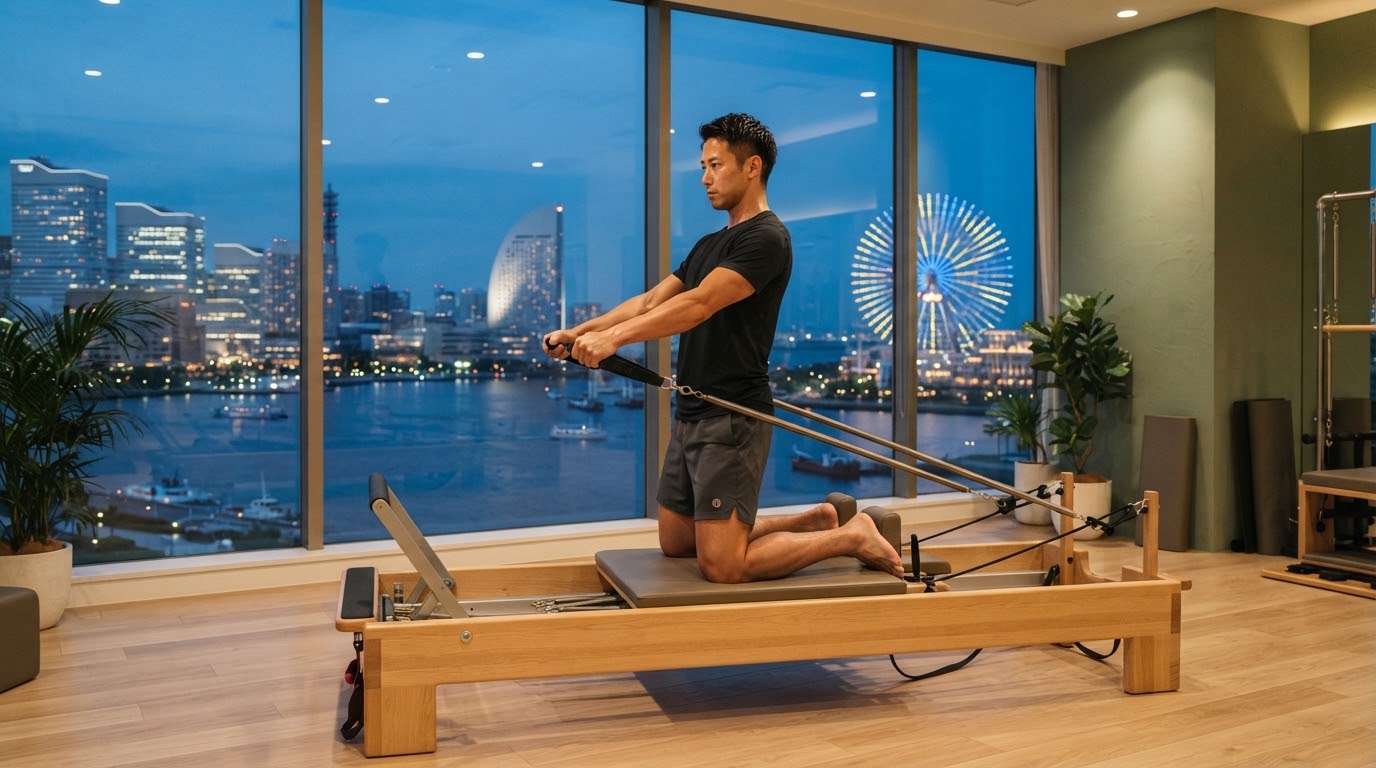 みなとみらいの観覧車と海を望む高層階スタジオでリフォーマーに取り組む男性(夕方)