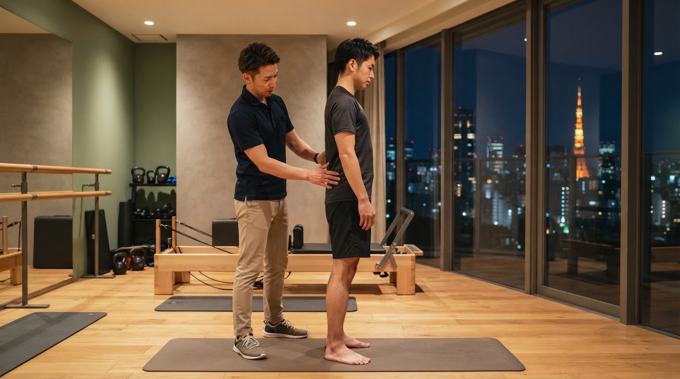 医学的根拠に基づくパーソナルで、トレーナーが男性の反り腰を丁寧に矯正する場面