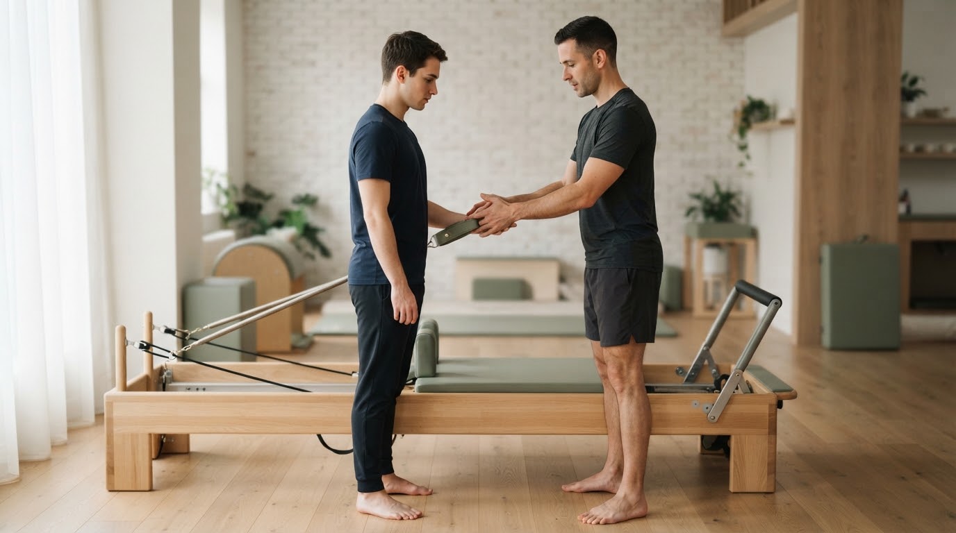 男性インストラクターによるストラップの正しい握り方のレクチャー