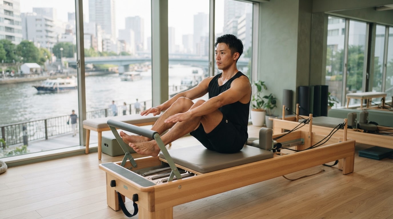 芝浦の運河を望む明るいスタジオで、朝の光を浴びながらリフォーマーに取り組む男性