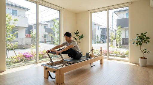住宅街を望む明るい個室スタジオでリフォーマーレッスン