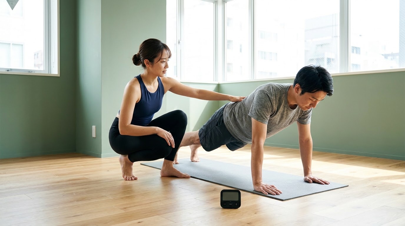 タイマーを使った30分のパーソナルレッスン。トレーナーがプランクのフォームを細かく補正してくれる