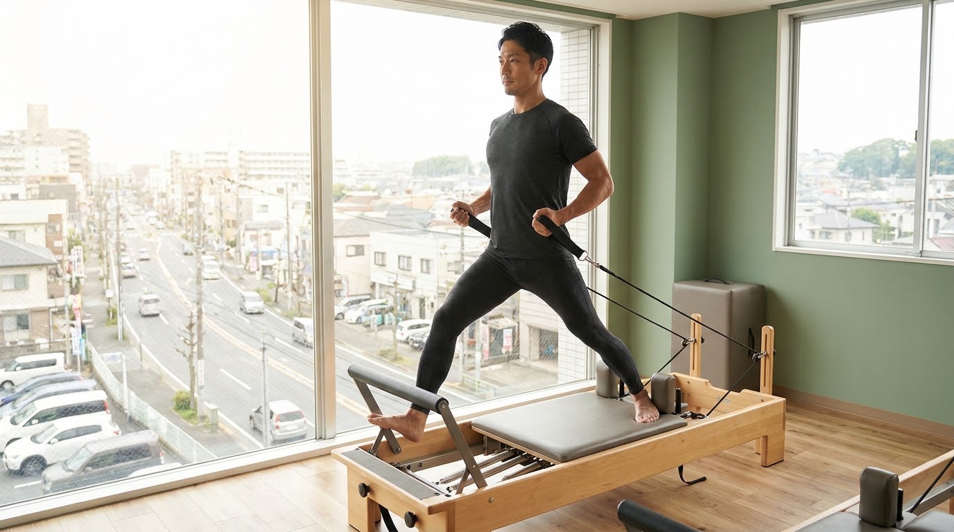 横浜ランドマークを望む高層スタジオで、朝の光を浴びながらリフォーマーに取り組む男性