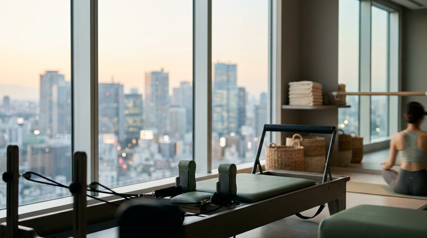 東京の街並みを望むスタジオのリフォーマー