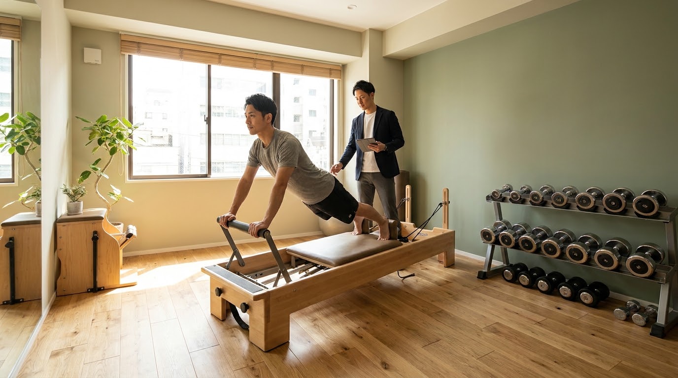 リフォーマーとダンベルを備えた完全個室でトレーニングに励む男性とダイエット特化の指導